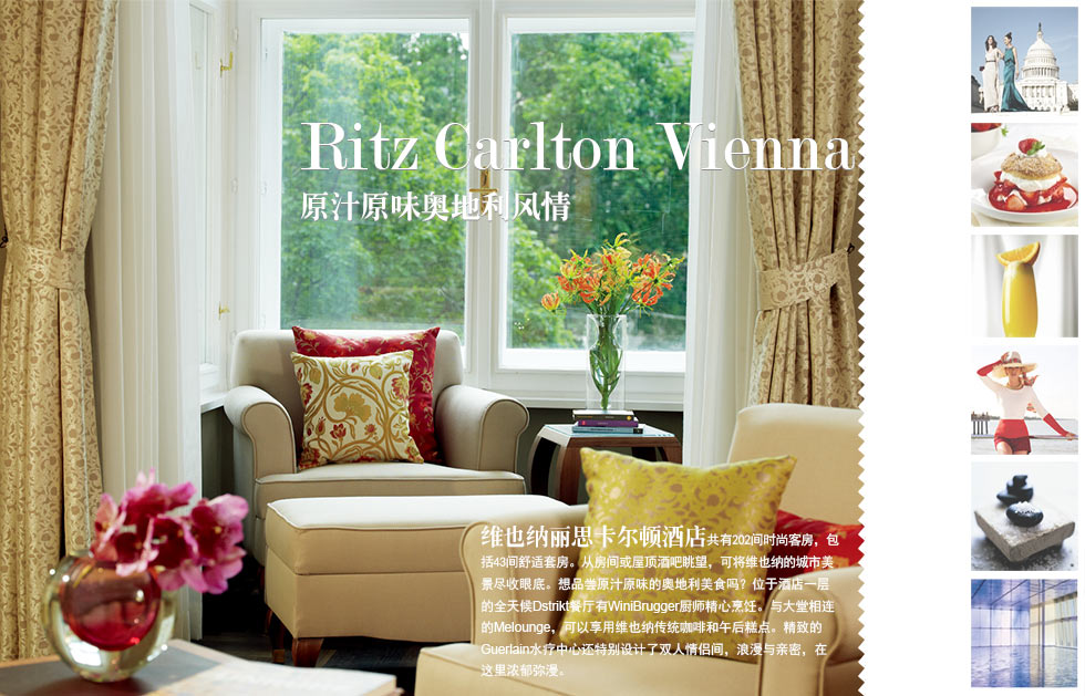 Ritz Carlton Vienna原汁原味奥地利风情.维也纳丽思卡尔顿酒店共有202间时尚客房，包括43间舒适套房。从房间或屋顶酒吧眺望，可将维也纳的城市美景尽收眼底。想品尝原汁原味的奥地利美食吗？位于酒店一层的全天候Dstrikt餐厅有WiniBrugger厨师精心烹饪。与大堂相连的Melounge，可以享用维也纳传统咖啡和午后糕点。精致的Guerlain水疗中心还特别设计了双人情侣间，浪漫与亲密，在这里浓郁弥漫。
